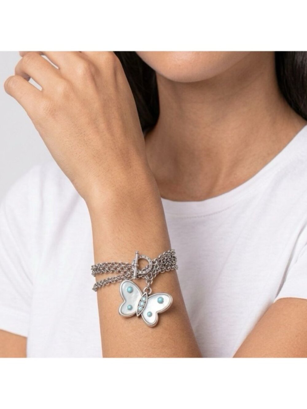 Brighton Multi Strand Bracelet Resin Butterfly Charm Blue Crystals Silver